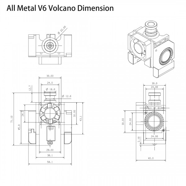 BIGTREETECH Volcano Hotend V6 - Bowden - 1.75mm - 12V - E3D Compatible - DIY Kit
