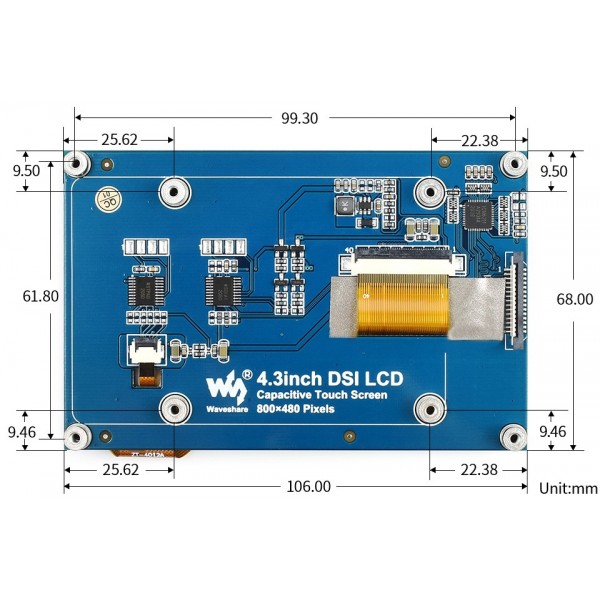 Waveshare 4.3 inch DSI IPS-TFT-LCD Display 800*480 with Touchscreen - for Raspberry Pi