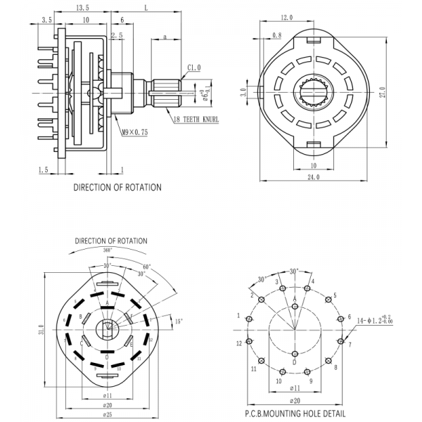 Rotary Switch - 2x6 Positions - with Eye Pins