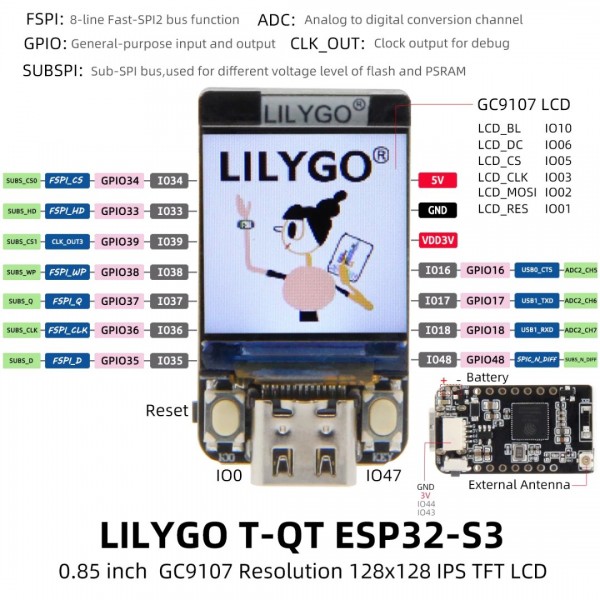LilyGO T-QT ESP32-S3 - met 0.85 inch IPS Display