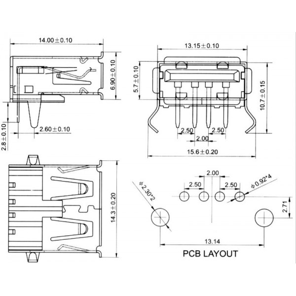 USB-A 2.0 Female PCB Connector - 90°