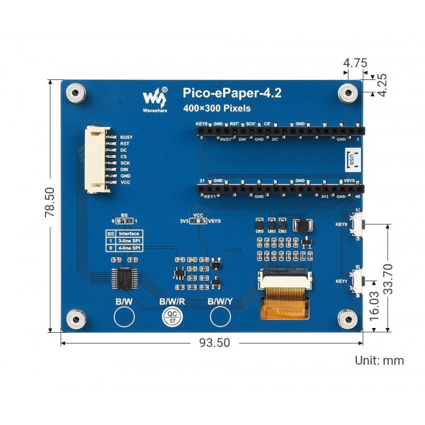 Waveshare 4.2 inch SPI E-Ink E-Paper Display (B) - 3 Colors - for Raspberry Pi Pico