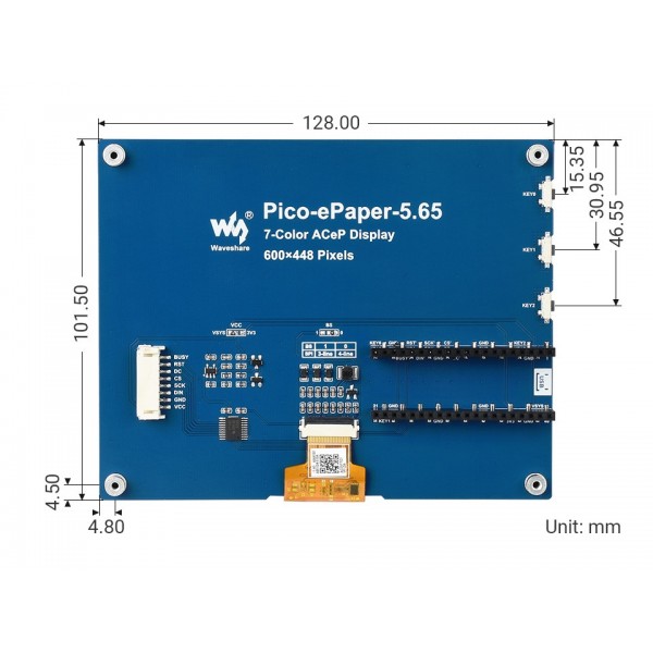 Waveshare 5.65 inch SPI E-Ink E-Paper Display - ACeP 7 Colors - for Raspberry Pi Pico