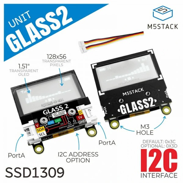 M5Stack Glass 2 Unit - 1.51inch Transparent OLED Display - 128*64