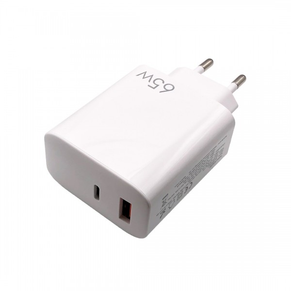 Dual USB-C USB-A PD Lader - 5-21V 3A 65W - Wit