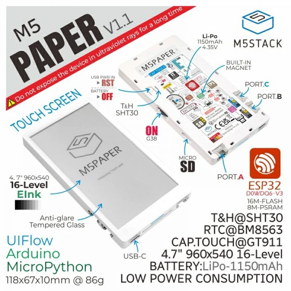 M5Stack M5Paper V1.1 with 4.7 inch E-paper E-ink Display and Touchscreen - ESP32