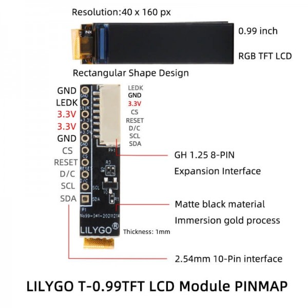 LilyGO T-0.99TFT - 0.99 inch TFT Display 160*40 pixels - SPI - GC9D01N