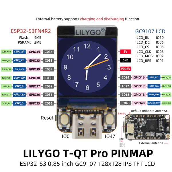LilyGO T-QT Pro ESP32-S3 - 4MB Flash - 2MB PSRAM - with 0.85 inch IPS Display
