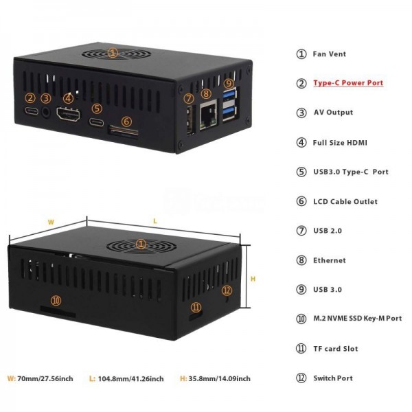 Geekworm N505 Metal Case for Orange Pi Pi 5(B) - with Fan and Heatsink - Black