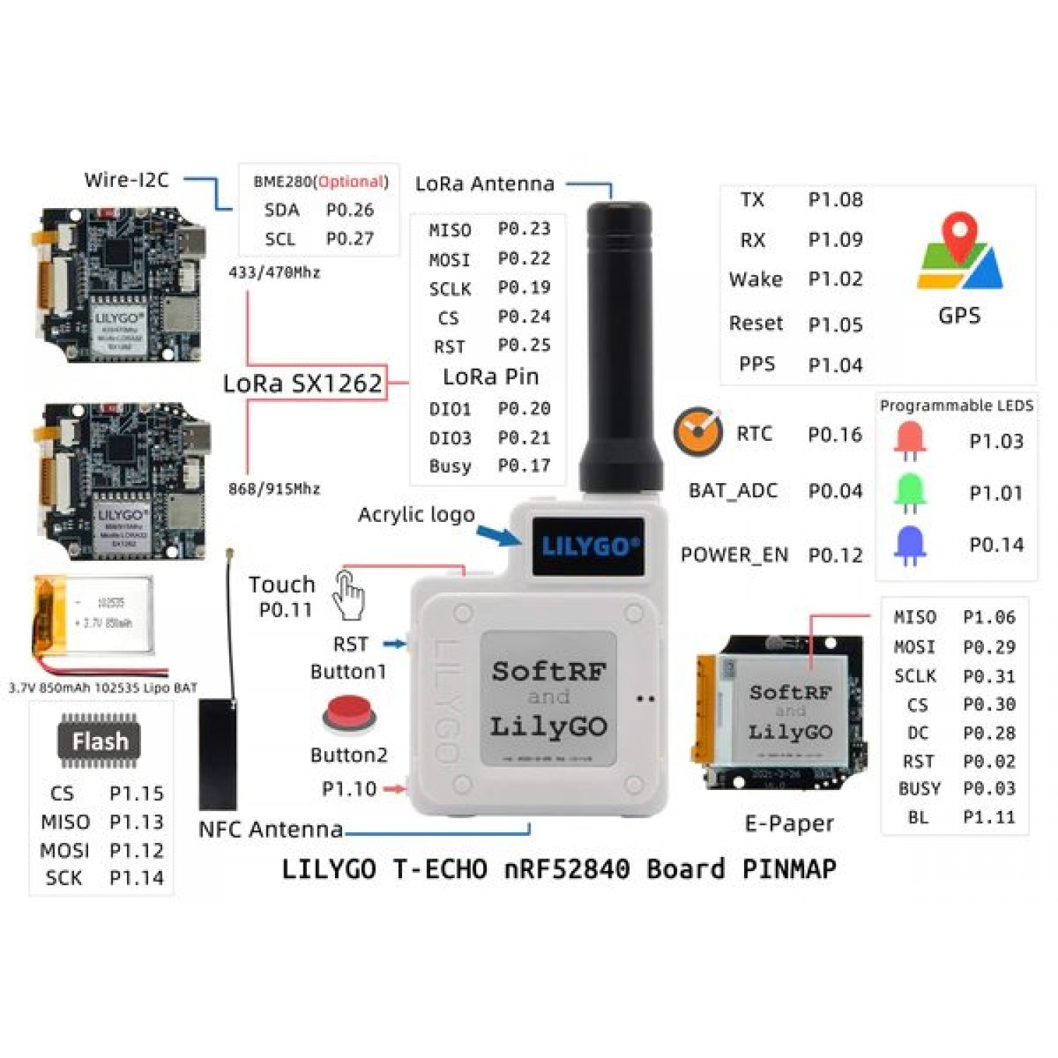 Lilygo ttgo t echo nrf52840 lora 868mhz bme280 gnss zwart