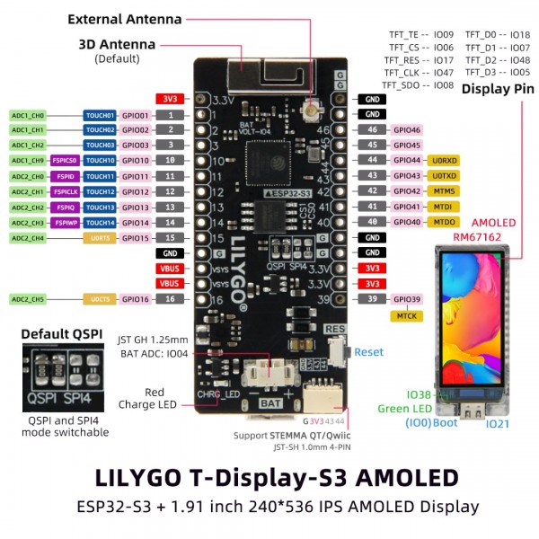 LilyGO T-Display-S3 AMOLED ESP32-S3 - met 1.91 inch AMOLED Display