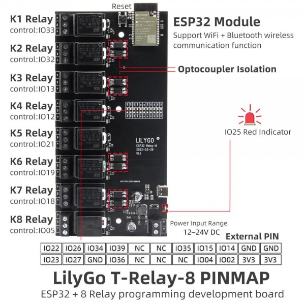 LilyGO T-Relay-8 ESP32 - Relay Development Board - 8 Channels