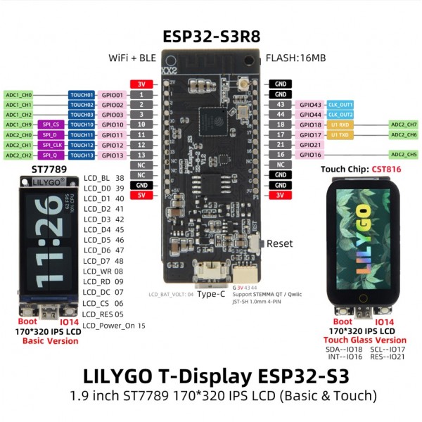 LilyGO TTGO T-Display-S3 - met 1.9 inch TFT-LCD Display en Touchscreen - Gesoldeerde Headers LilyGO TTGO T-Display-S3 - met 1.9 inch TFT-LCD Display en Touchscreen - Gesoldeerde Headers