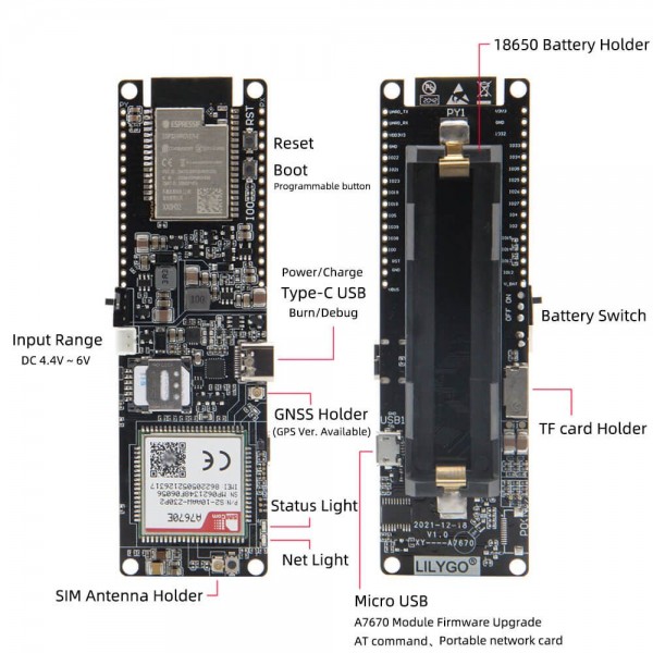 LilyGO TTGO T-SIM-A7670E R2 ESP32 - ESP32-WROVER - met 18650 Batterijhouder LilyGO TTGO T-SIM-A7670E R2 ESP32 - ESP32-WROVER - met 18650 Batterijhouder