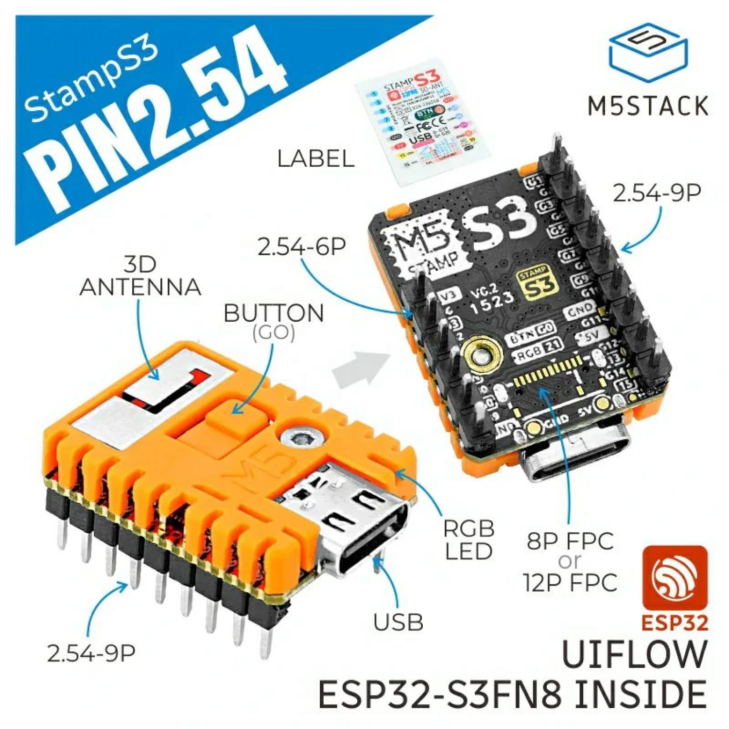 M5Stack M5StampS3 PIN2.54 - ESP32-S3 Development Board - met 2.54mm ...