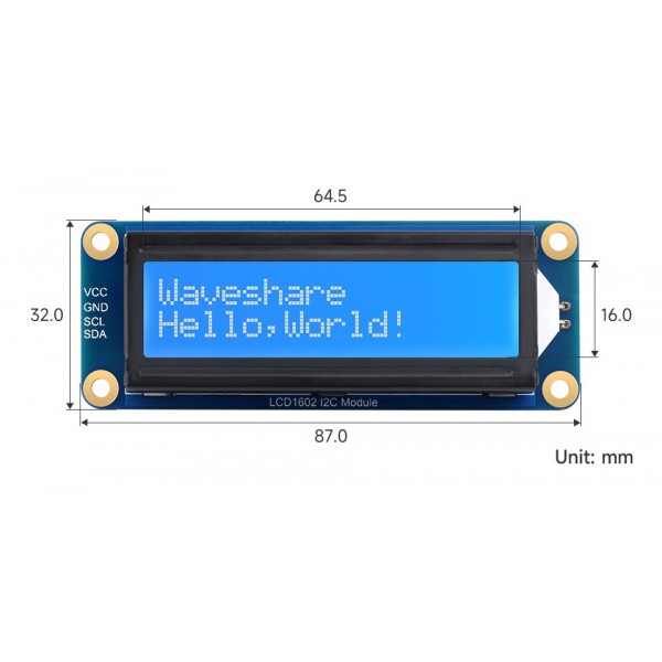 Waveshare 16x2 LCD Display met Witte tekst en Blauwe Achtergrond - I2C