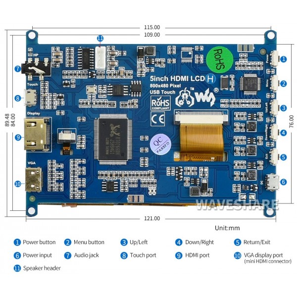 Waveshare 5 inch HDMI TFT-LCD (H) Display 800*480 with Touchscreen - Raspberry Pi Compatible