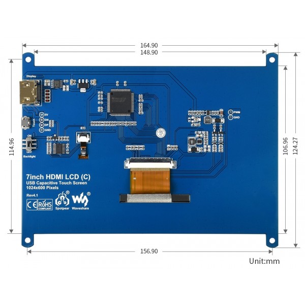 Waveshare 7 inch HDMI IPS-TFT-LCD (C) Display 1024*600 pixels met ...