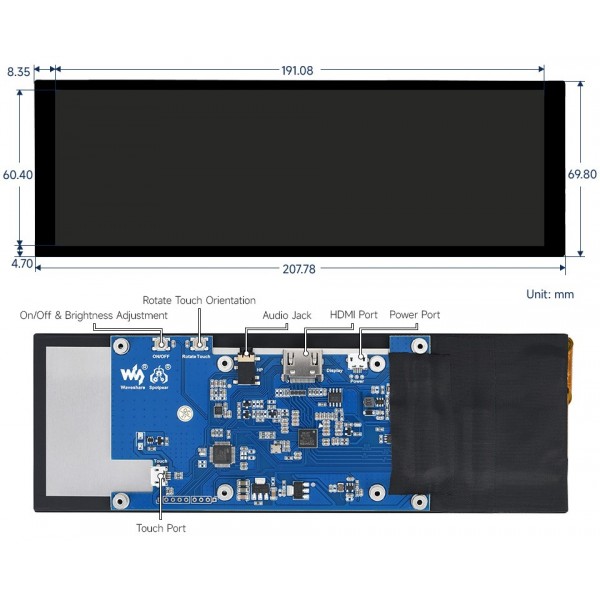 Waveshare 7.9 inch HDMI IPS-TFT-LCD Display 1280*400 Pixels with Touchscreen - Raspberry Pi Compatible