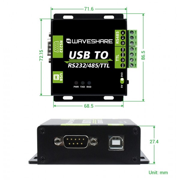 Waveshare Industriële USB naar RS232 RS-485 TTL Converter - FT232RL