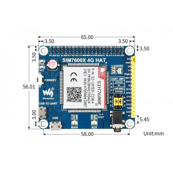 Waveshare SIM7600E-H LTE CAT-4 4G HAT - voor Raspberry Pi