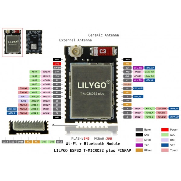LilyGO TTGO T-Micro32 Plus Wi-Fi and Bluetooth Module - ESP32-PICO-V3-02