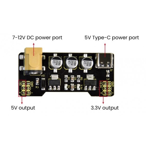 Keyestudio Breadboard Voeding 5V en 3.3V - USB-C