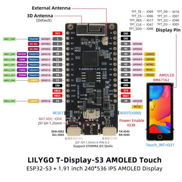 LilyGO T-Display-S3 AMOLED ESP32-S3 - with 1.91 inch AMOLED Display and Touchscreen - Soldered Headers