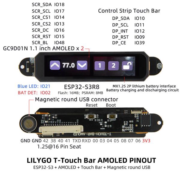 LilyGO T-Touch Bar AMOLED - ESP32-S3 with Dual 1.1 inch Display and Touchscreen