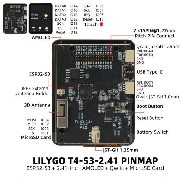 LilyGO T4-S3 - ESP32-S3 - with 2.41 inch AMOLED Display and Touchscreen