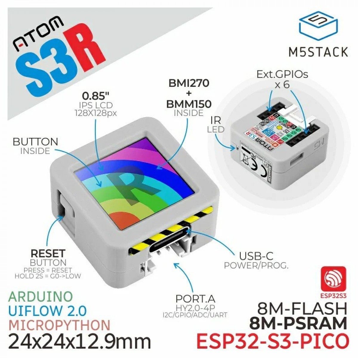 M5Stack AtomS3R - ESP32-S3-PICO Development Board - 0.85 inch Display ...
