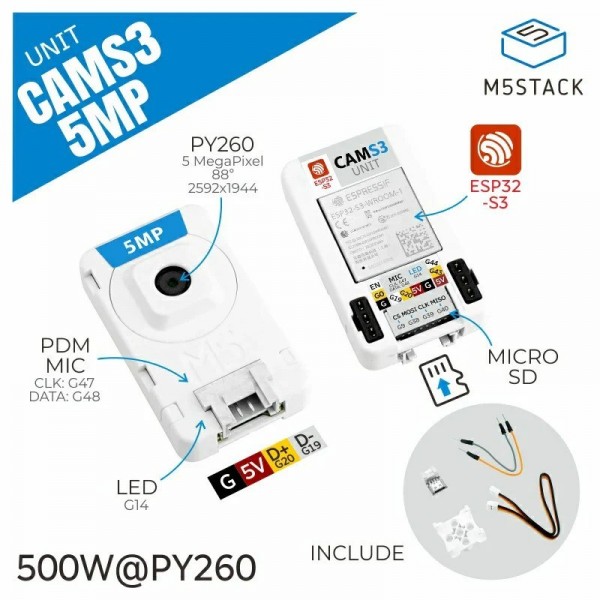 M5Stack CamS3 Unit - ESP32-S3 - PY260 Camera - with Microphone
