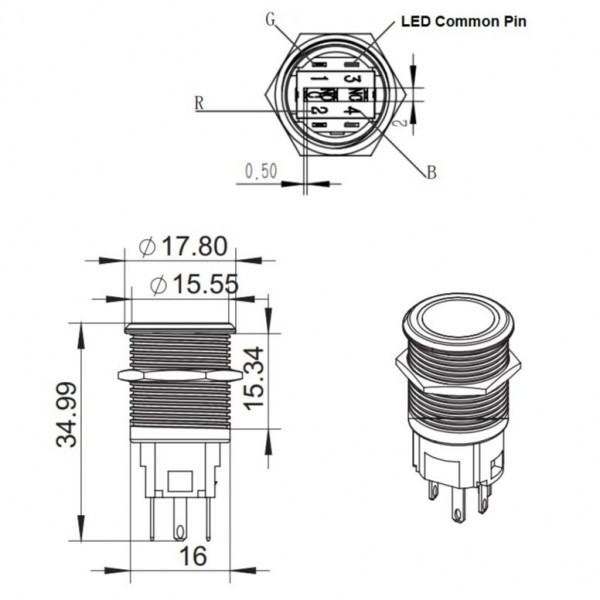 Metal Push Button 16mm - On-Off - with 3-6V RGB LED