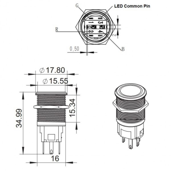 Metal Push Button 16mm - Reset - with 3-6V RGB LED