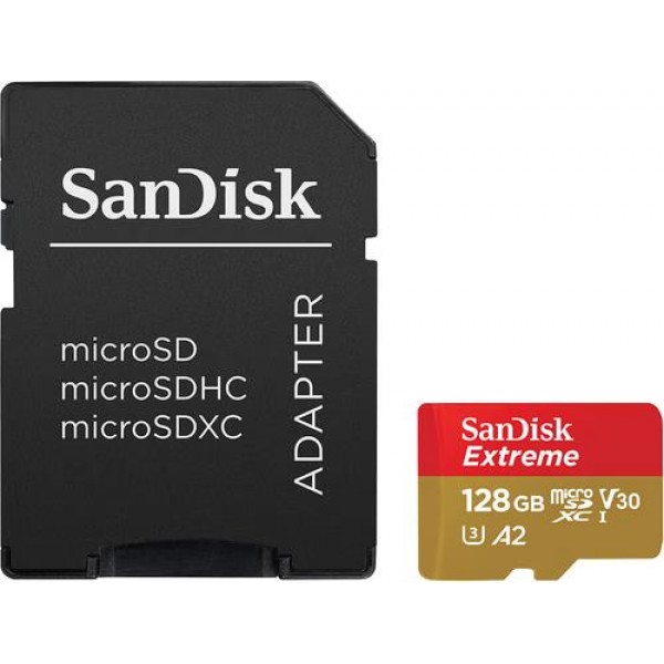 Sandisk Extreme 128GB V30 UHS-I U3 A2 MicroSDXC Kaart met SD-kaart Adapter