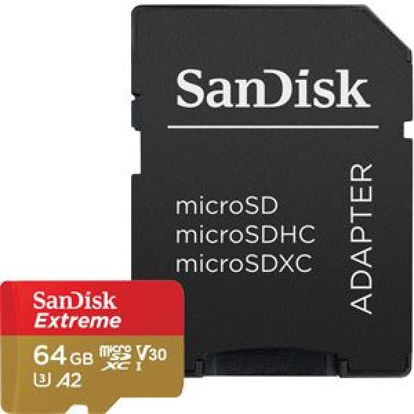 SanDisk Extreme 64GB V30 UHS-I U3 A2 MicroSDXC Kaart met SD-kaart Adapter