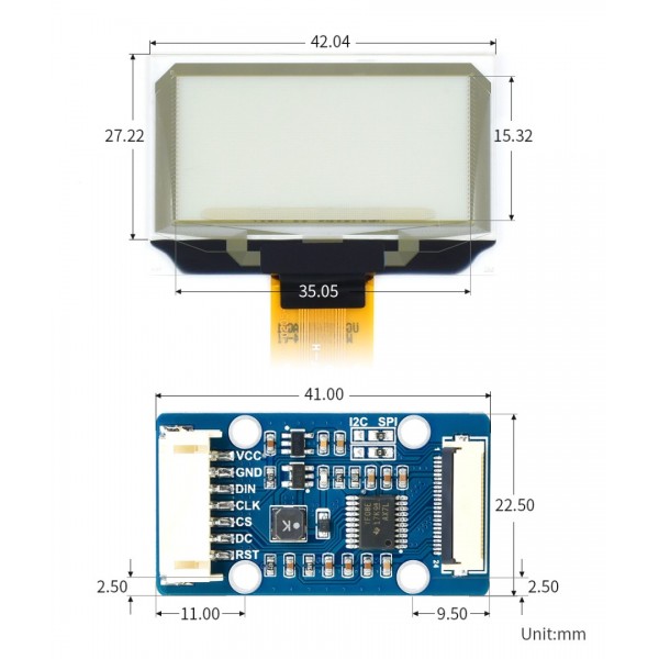 Waveshare 1.51 inch Transparent OLED Display 128*64 pixels - Blue - SPI