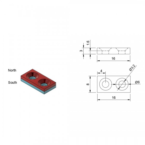 XMP Neodymium Magnet 16x8x3mm - with 3.2mm Countersunk Mounting Holes - N52