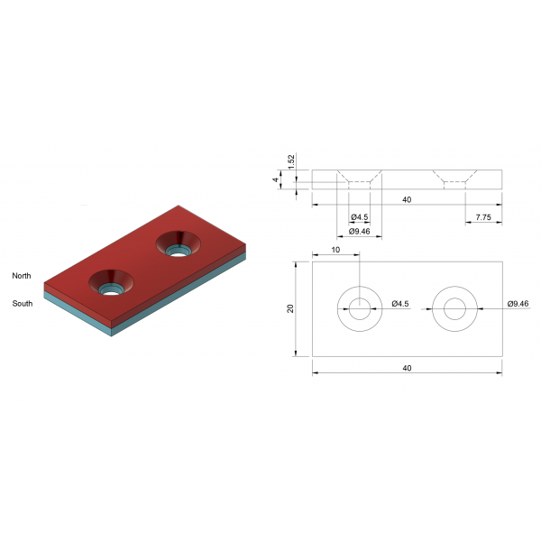 XMP Neodymium Magnet 40x20x4mm - with 4.5mm Countersunk Mounting Holes - N35