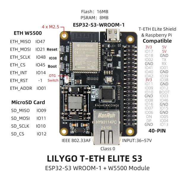 LILYGO T-ETH ELite ESP32-S3 - W5500 Ethernet met PoE