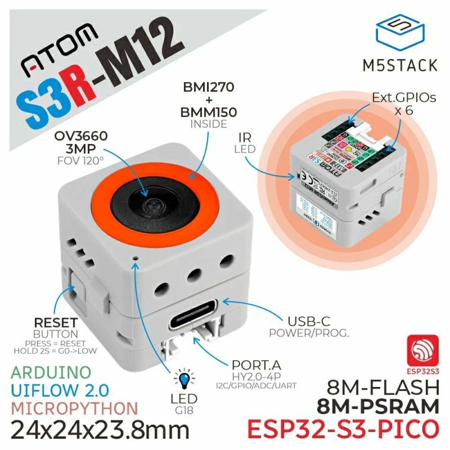 M5Stack AtomS3R M12 Camera Kit ESP32 S3 PICO Development Board M5Stack AtomS3R M12 Camera Kit ESP32 S3 PICO Development Board
