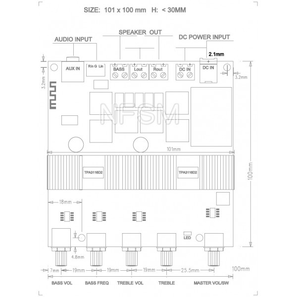 TPA3116 2x50W en 1x100W Audio Versterker - Bluetooth 5.0 - Bass-Treble Regeling