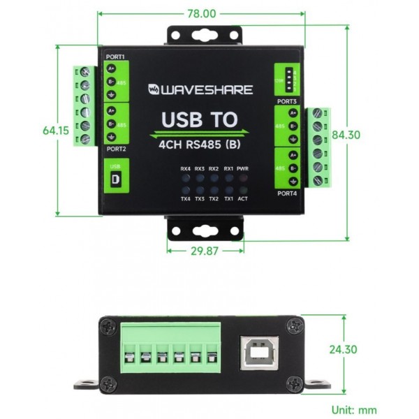 Waveshare Industriële Geïsoleerde USB naar 4-CH RS485 Converter (B) - CH344L