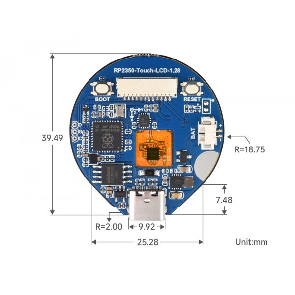 Waveshare RP2350-Touch-LCD-1.28 Board met 1.28 Inch Rond Display met Touchscreen en IMU
