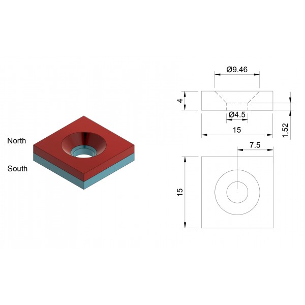 XMP Neodymium Magnet 15x15x4mm - with 4.5mm Countersunk Mounting Holes - N35