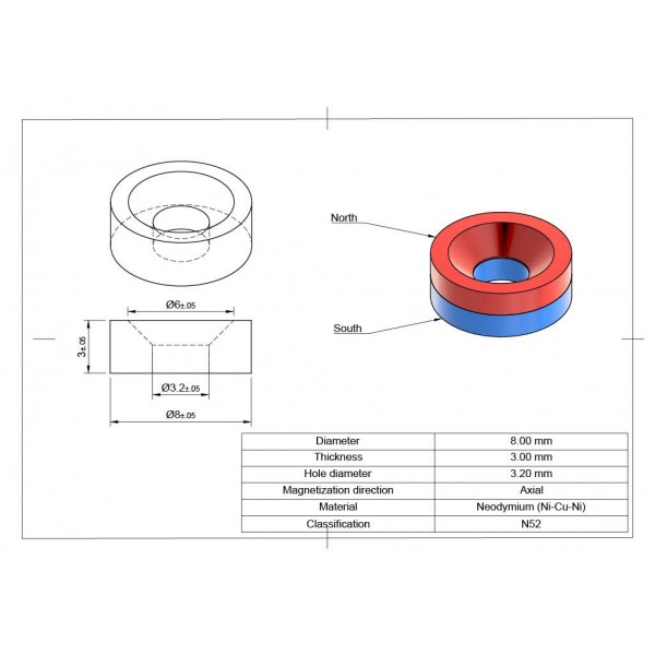 XMP Neodymium Magneet 8x3mm - met 3.2mm Verzonken Montagegat - N52