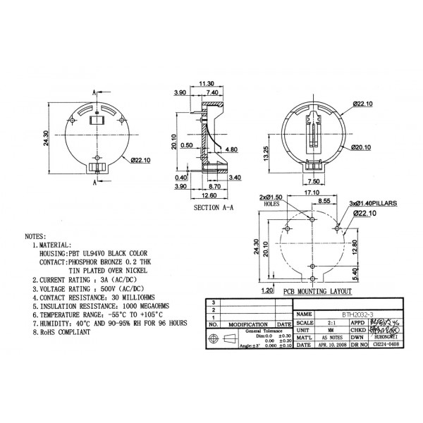 CR2032-LIR2032 Battery Holder for PCB - Flat