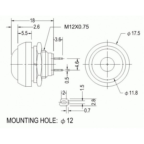 Black Push button 12mm - Reset - PBS-33B