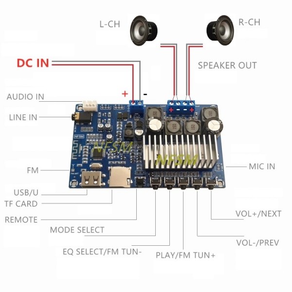 TPA3116 2x50W Audio Amplifier - Bluetooth 5.0 - FM - SD - USB with Remote Control