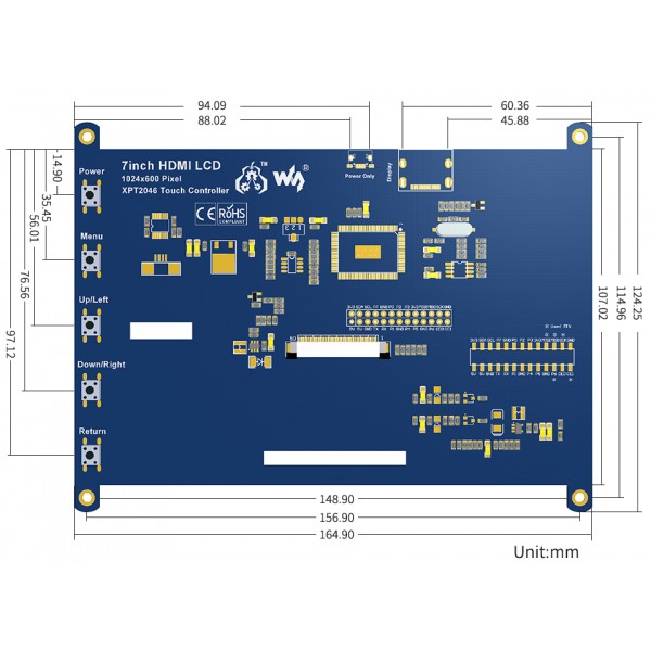 Waveshare 7 inch HDMI IPS-TFT-LCD Display 1024*600 pixels with Touchscreen - Raspberry Pi Compatible